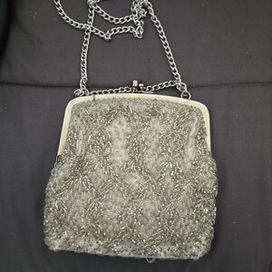 Glamorous Silver Beaded Clutch with Chain Strap